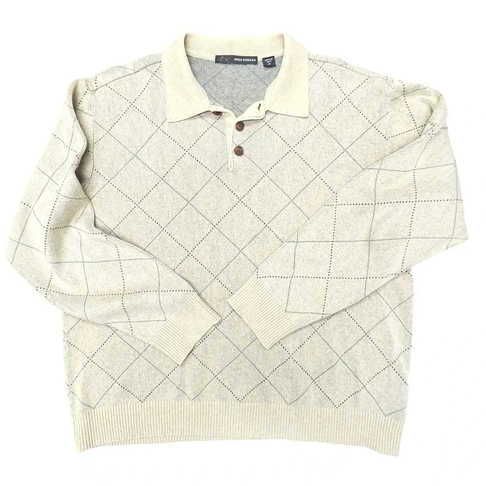Greg‎ Norman Argyle Cotton Sweater Polo Mens M Beige Golf Old Money Preppy